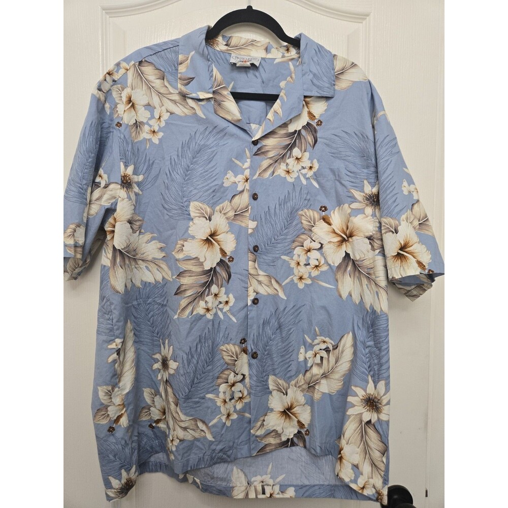 Pacific Legend Apparel Mens 2XL Hawaiian Shirt Blue White Hibiscus Vintage XXL